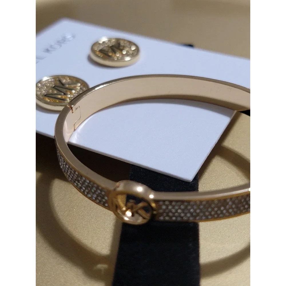 Michael Kors Gold Tone Pave Crystal Logo Bangle Bracelet and Stud Earrings Set‎